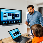 Home Network Security**

A family in a brightly lit living room, surrounded by various smart home devices (TV, fridge, laptop), all connected to a Wi-Fi router with a prominent padlock icon above it. The father is pointing at the router with a concerned expression, while the mother and children look on. The scene conveys a sense of digital security awareness. Fully clothed, modest attire, safe for work, appropriate content, professional illustration, perfect anatomy, correct proportions, family-friendly.

**