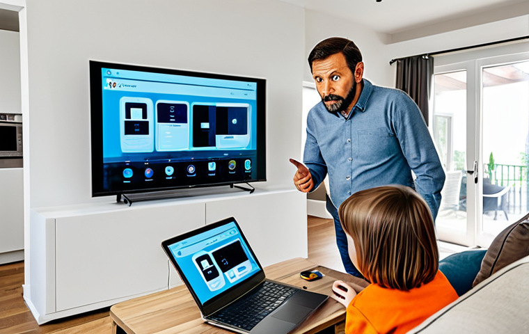 Home Network Security**
A family in a brightly lit living room, surrounded by various smart home devices (TV, fridge, laptop), all connected to a Wi-Fi router with a prominent padlock icon above it. The father is pointing at the router with a concerned expression, while the mother and children look on. The scene conveys a sense of digital security awareness. Fully clothed, modest attire, safe for work, appropriate content, professional illustration, perfect anatomy, correct proportions, family-friendly.
**